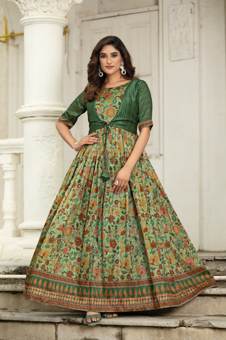 Printed women gown with attached jacket
