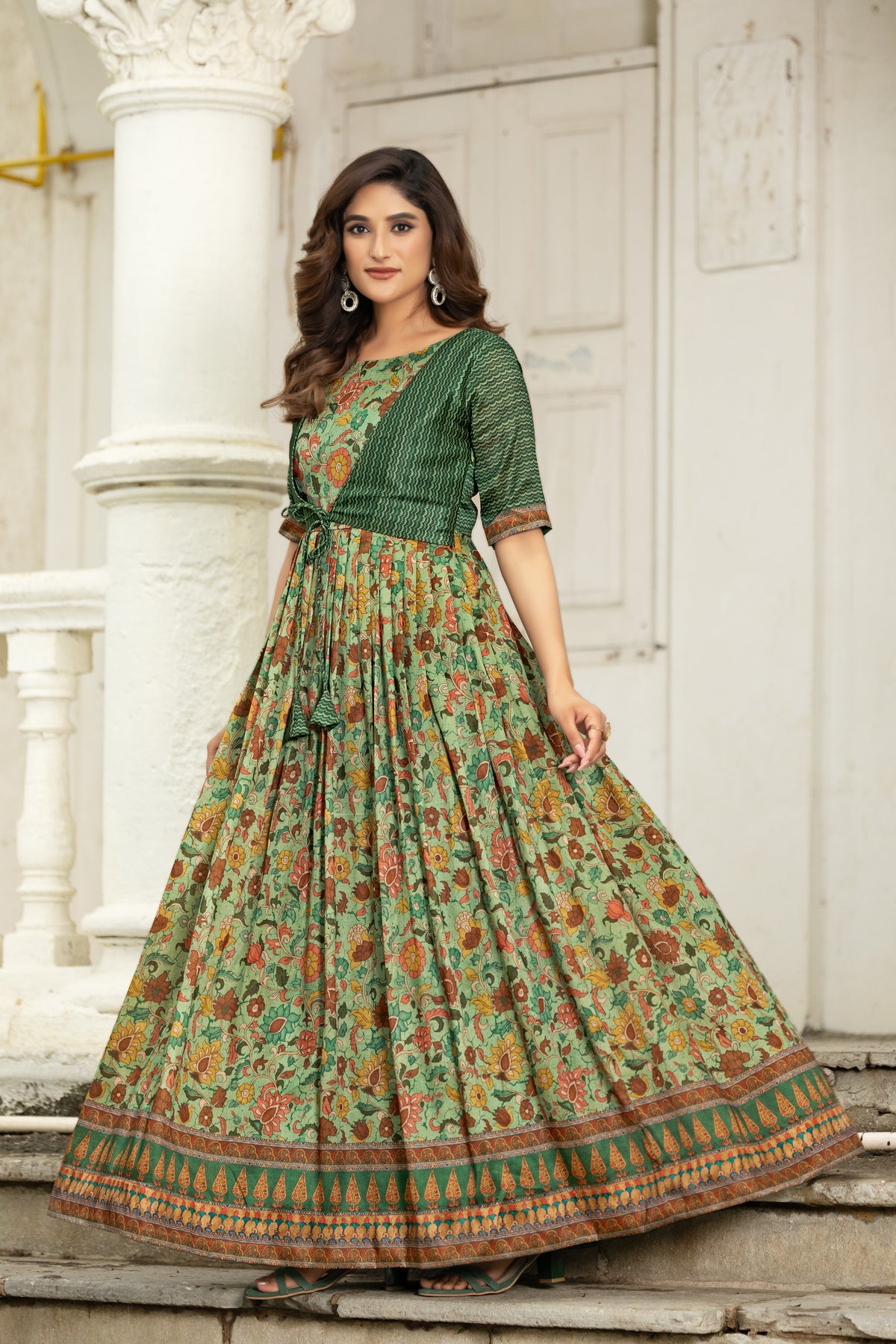 Printed women gown with attached jacket