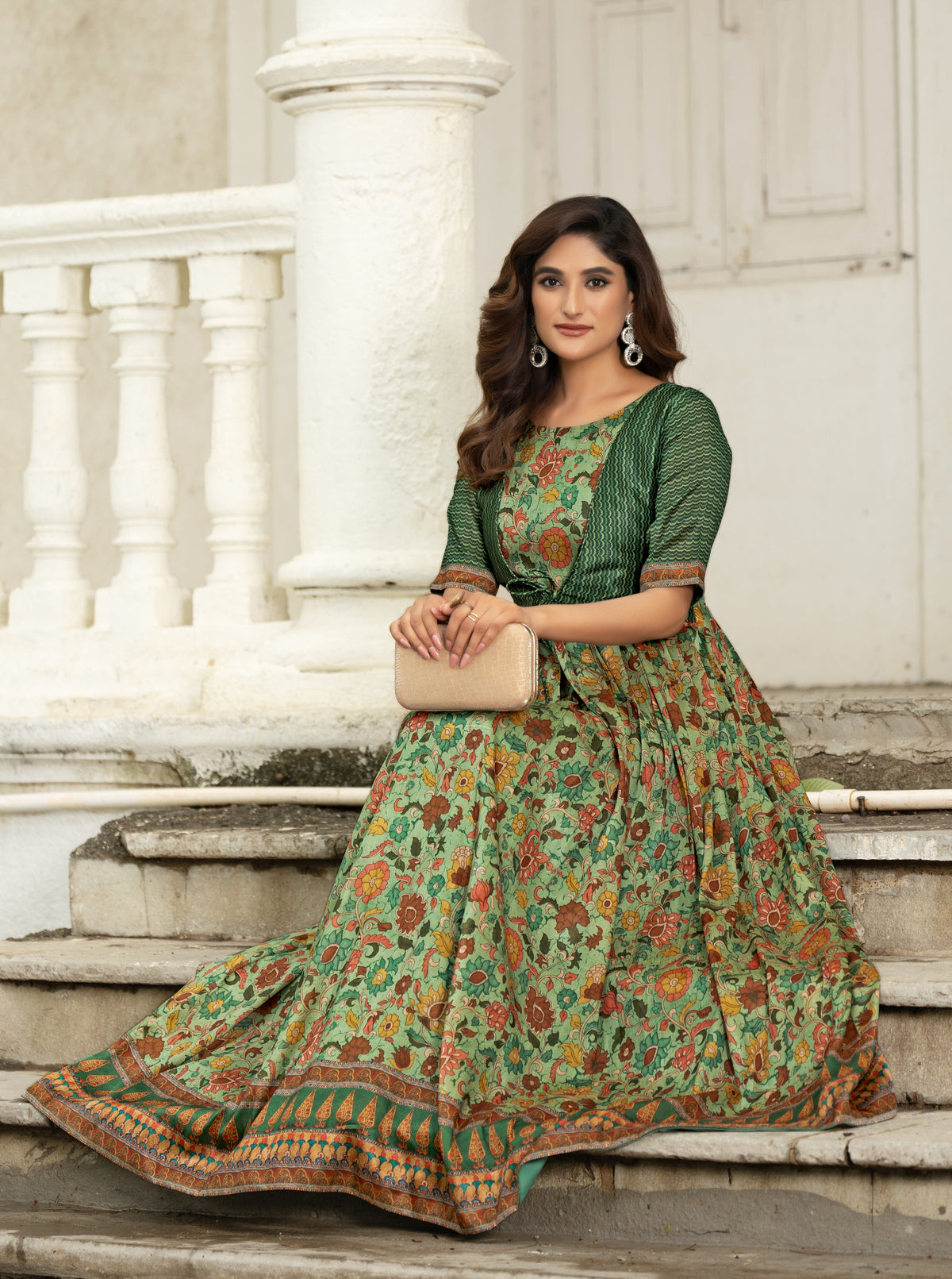Printed women gown with attached jacket