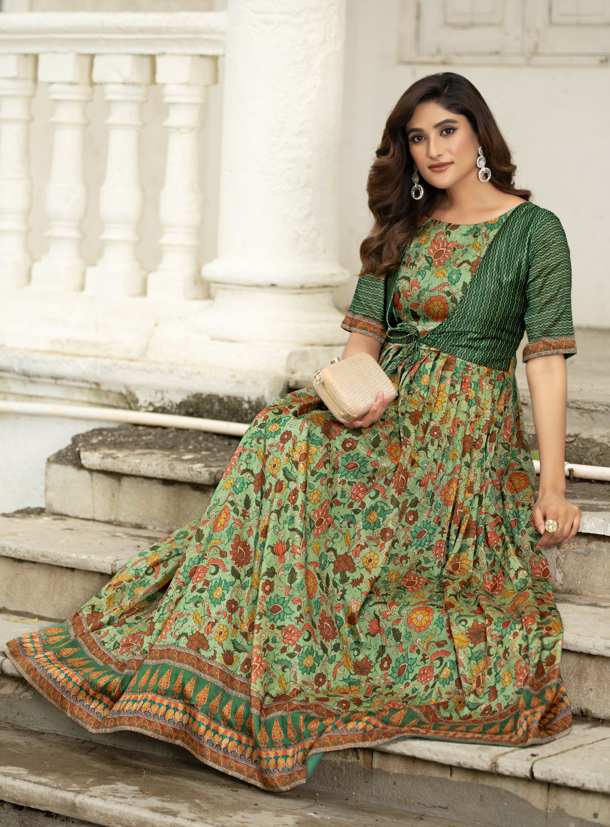 Printed women gown with attached jacket