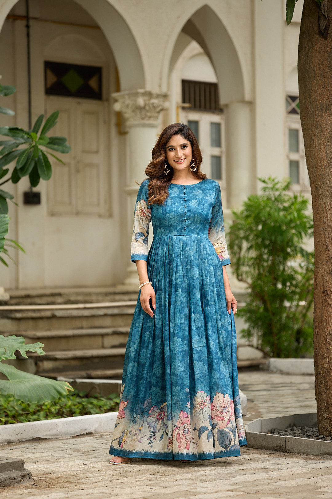 Graceful floral printed flared gown