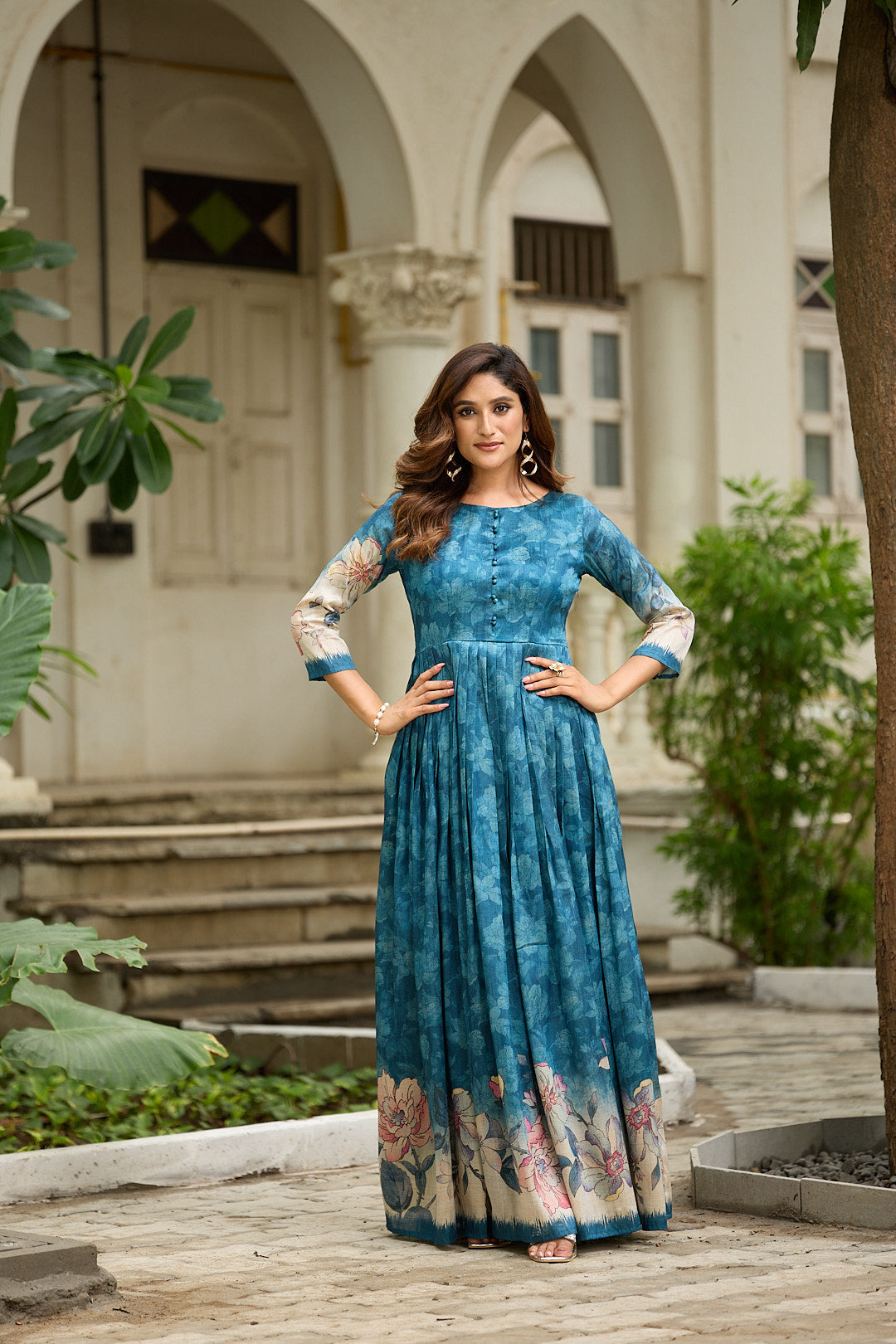 Graceful floral printed flared gown