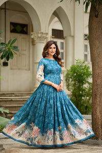 Graceful floral printed flared gown