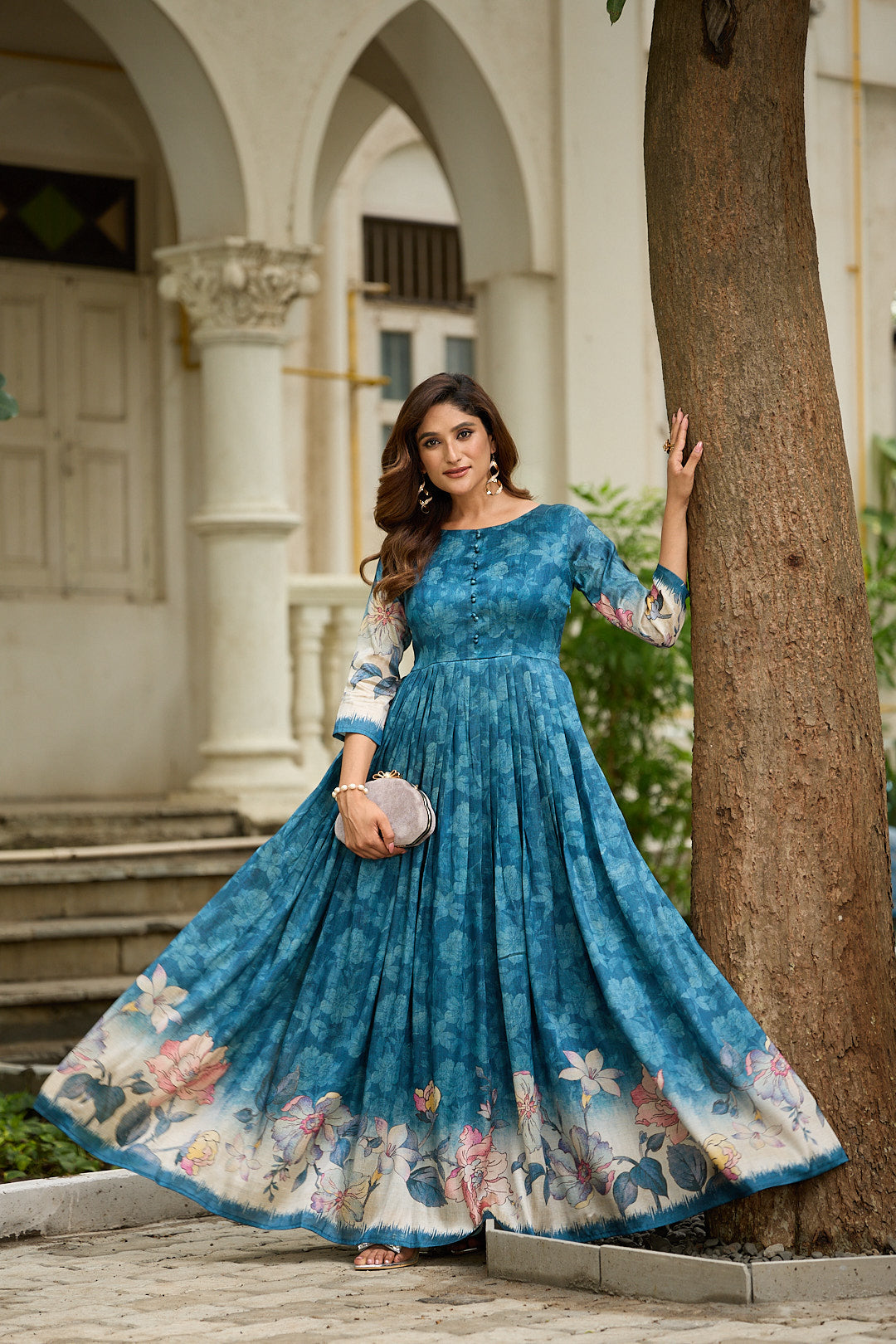 Graceful floral printed flared gown