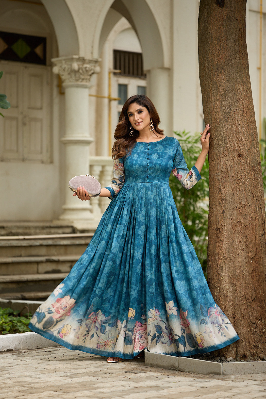 Graceful floral printed flared gown