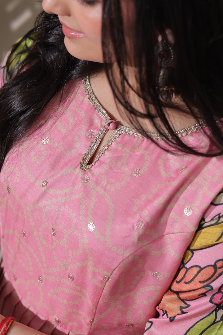 beautiful pink flared gown in kalamkari print
