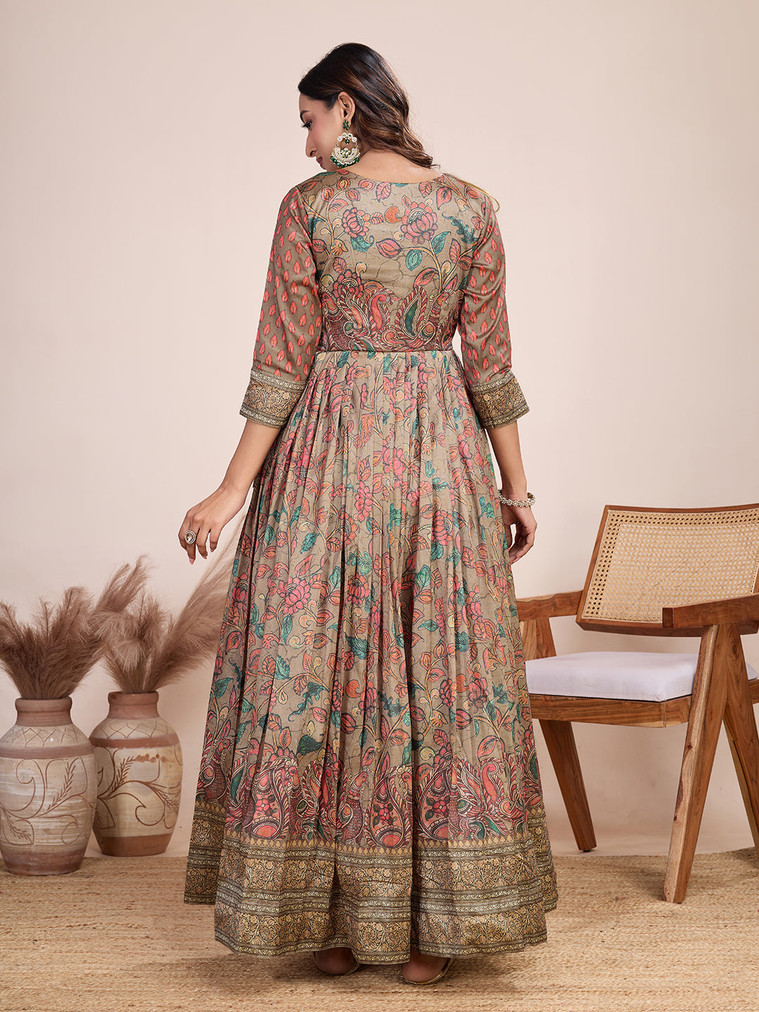 Elegant Coral Floral Anarkali Gown - Silk Blend