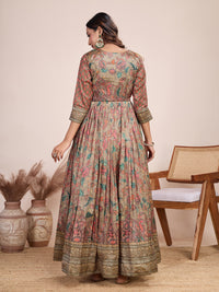Elegant Coral Floral Anarkali Gown - Silk Blend