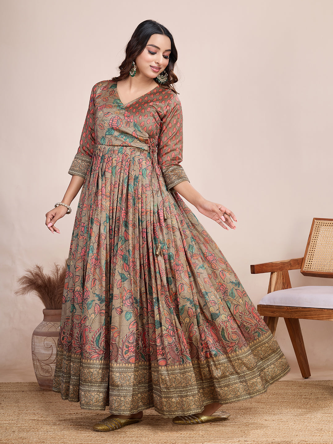 Elegant Coral Floral Anarkali Gown - Silk Blend