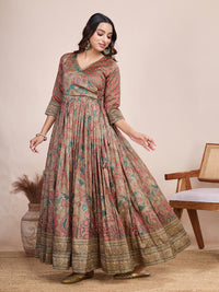 Elegant Coral Floral Anarkali Gown - Silk Blend