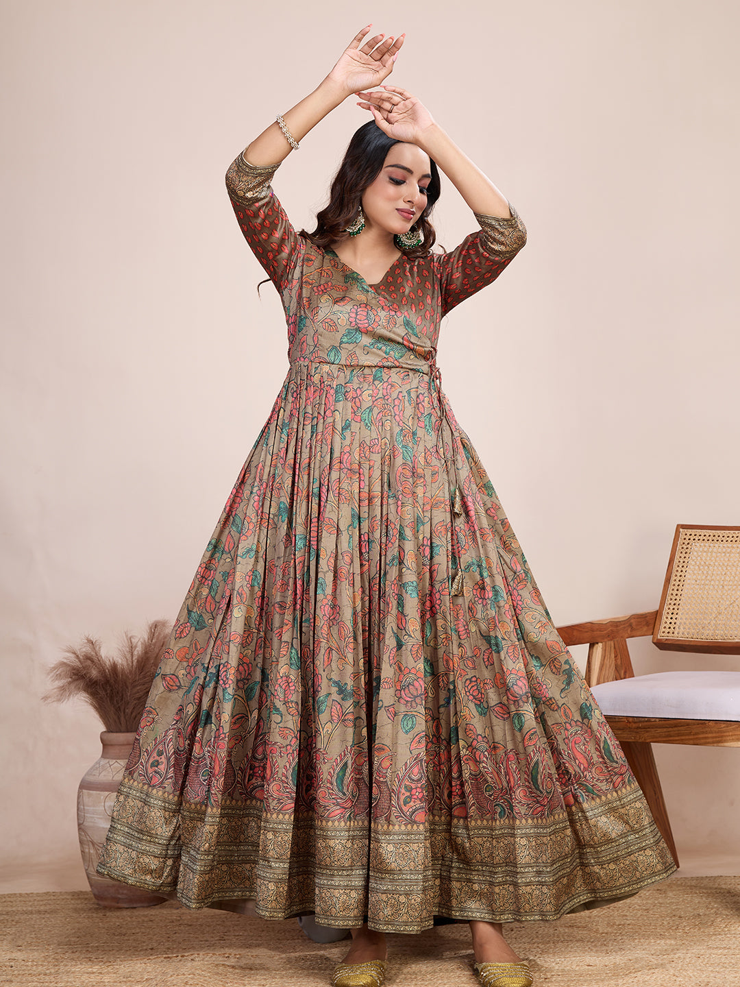 Elegant Coral Floral Anarkali Gown - Silk Blend