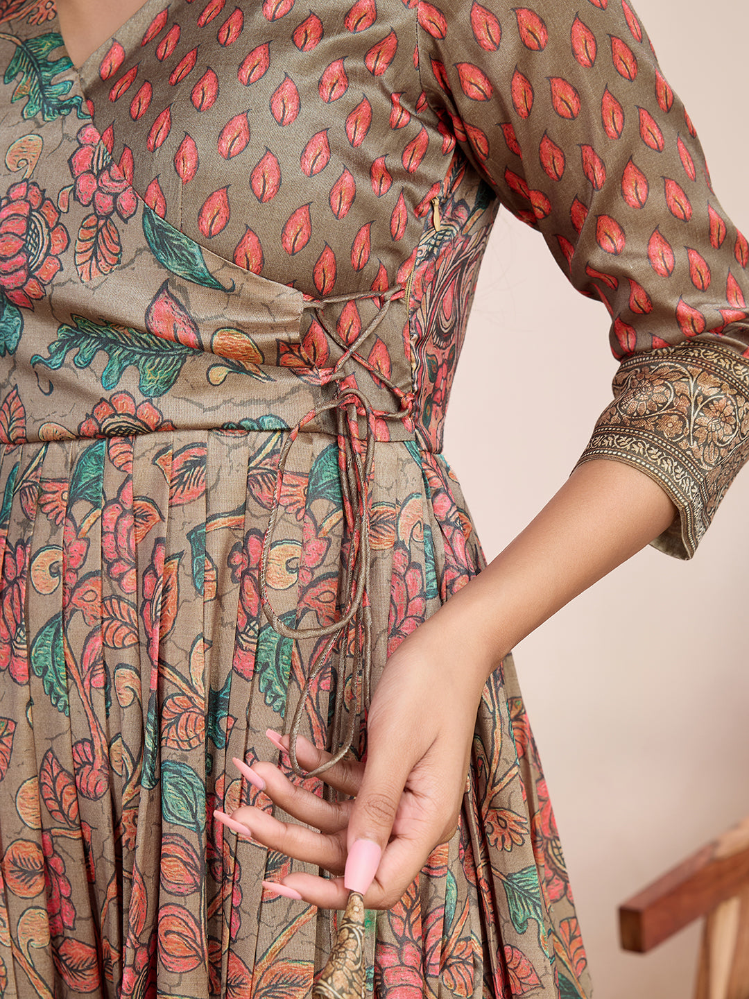 Elegant Coral Floral Anarkali Gown - Silk Blend