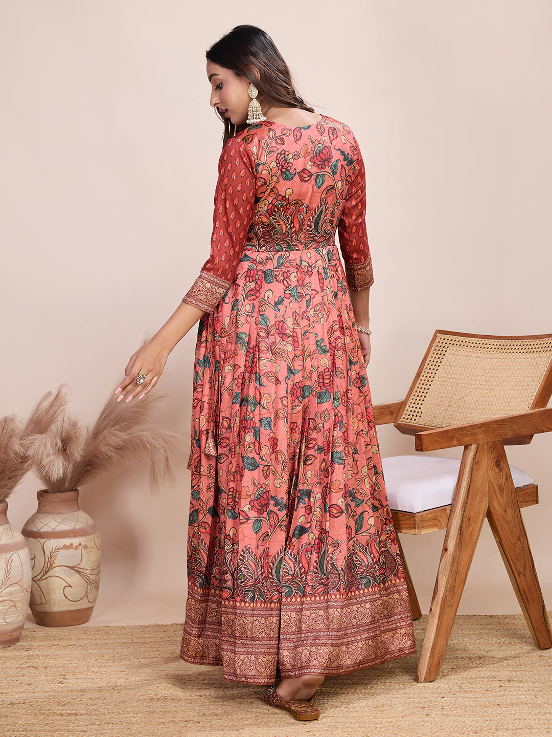Elegant Coral Floral Anarkali Gown - Silk Blend