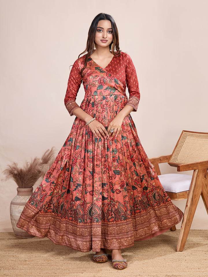 Elegant Coral Floral Anarkali Gown - Silk Blend