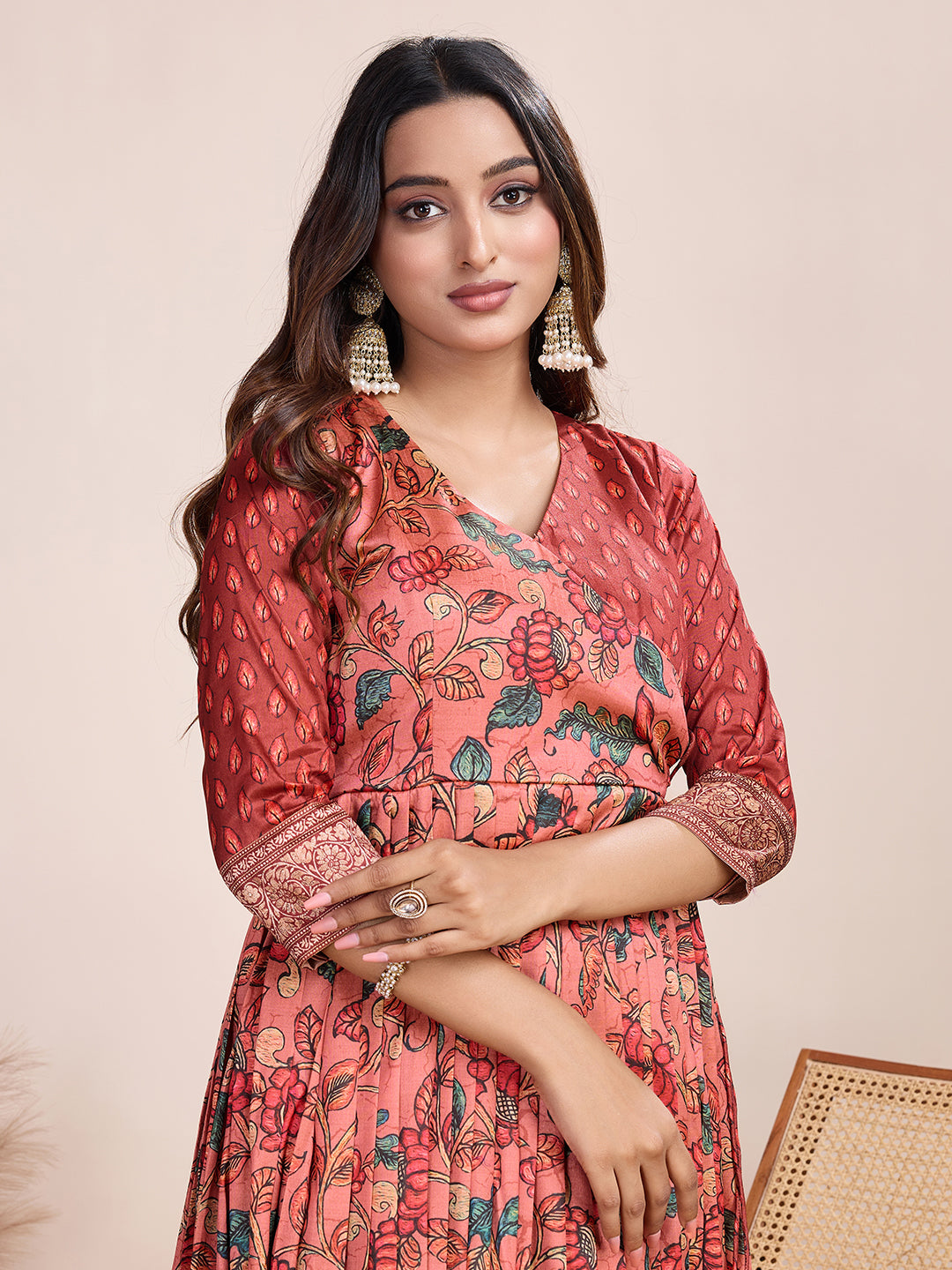 Elegant Coral Floral Anarkali Gown - Silk Blend