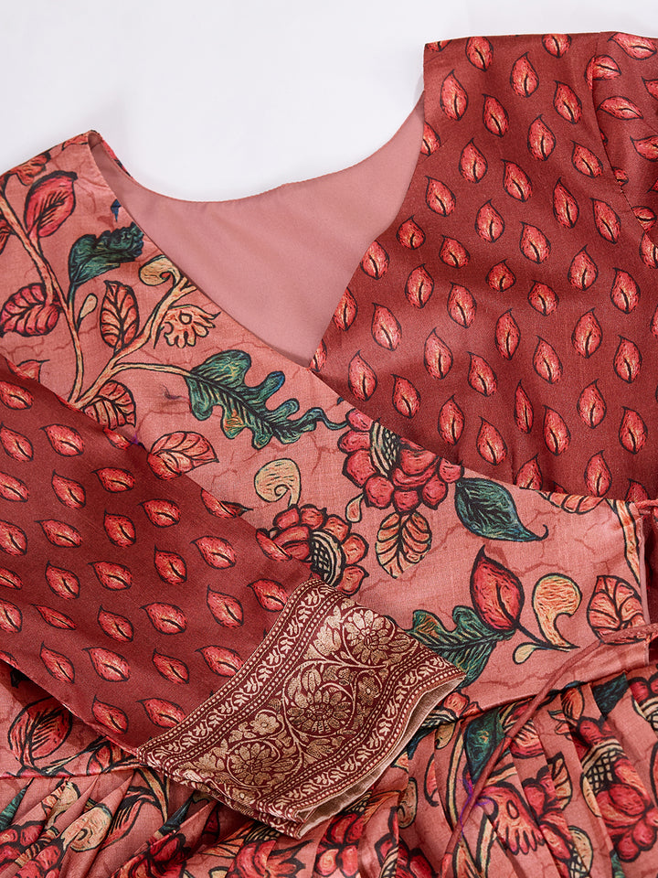 Elegant Coral Floral Anarkali Gown - Silk Blend