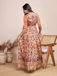 Elegant Coral Floral Anarkali Gown - Silk Blend