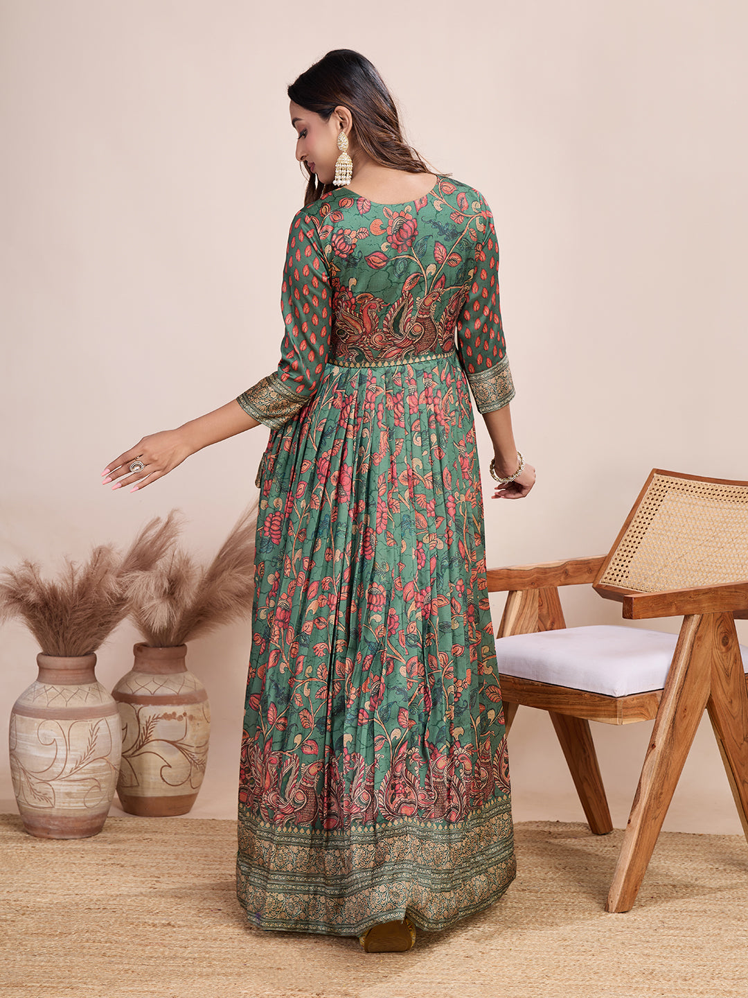 Elegant Coral Floral Anarkali Gown - Silk Blend