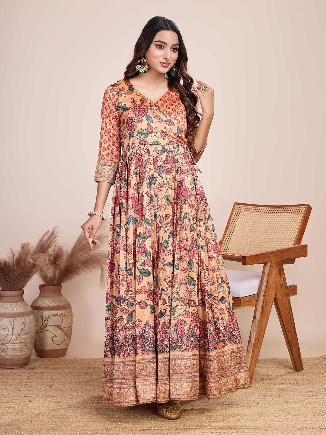 Elegant Coral Floral Anarkali Gown - Silk Blend