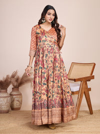 Elegant Coral Floral Anarkali Gown - Silk Blend