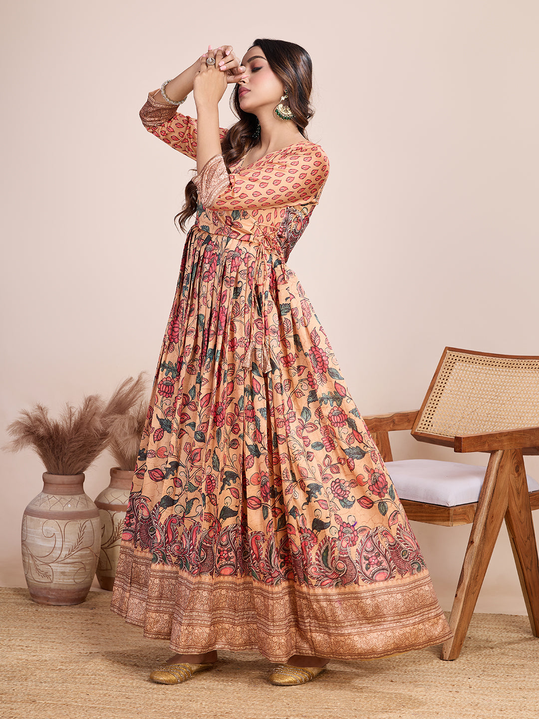 Elegant Coral Floral Anarkali Gown - Silk Blend