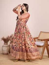 Elegant Coral Floral Anarkali Gown - Silk Blend