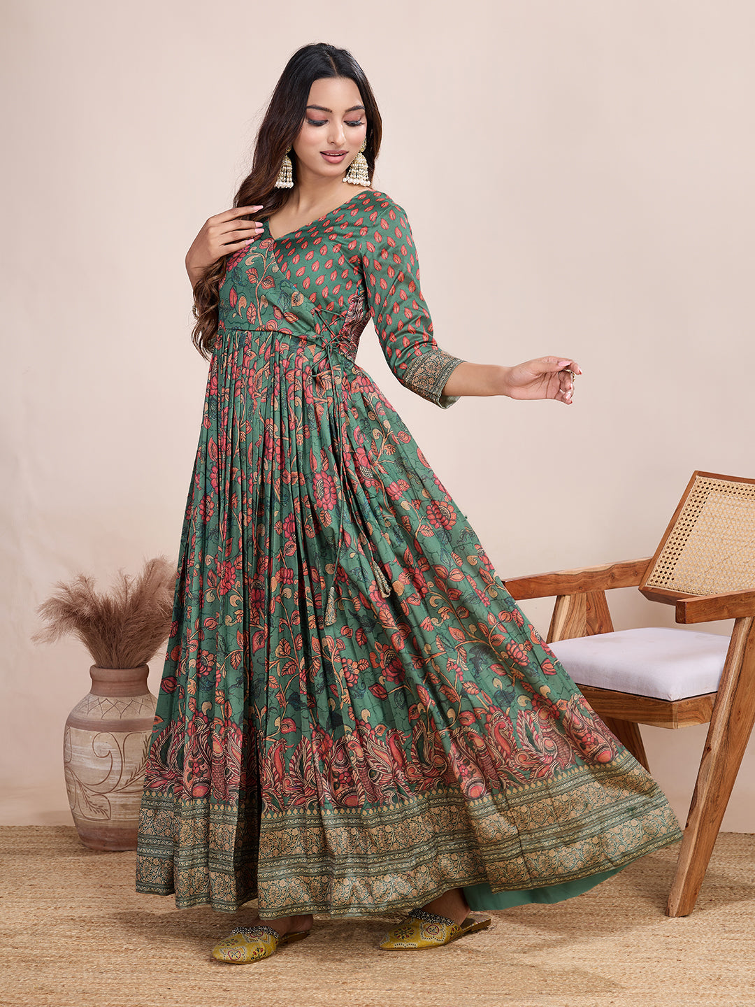 Elegant Coral Floral Anarkali Gown - Silk Blend
