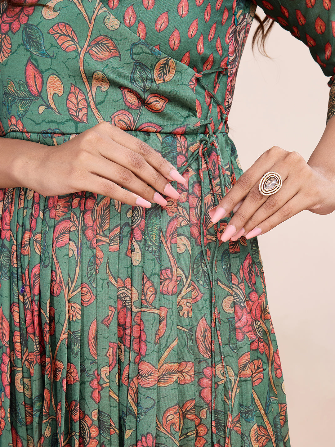 Elegant Coral Floral Anarkali Gown - Silk Blend