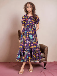 Girls Ruffled Kalamkari Dress with Puff Sleeves - Tussar Silk (DS NO KP250425)