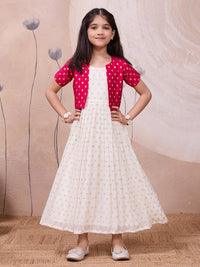 Off-White Weaving Butti Gown with Floral Jacket for Girls
