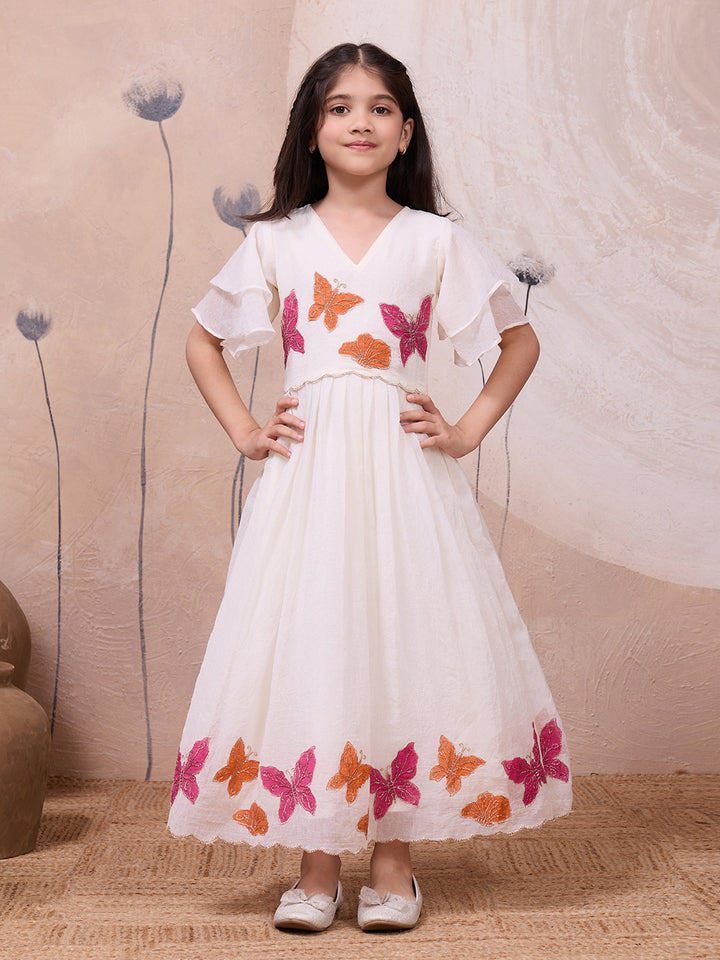 Hand-Painted Butterfly Gown with Flared Sleeves and Scalloped Hem