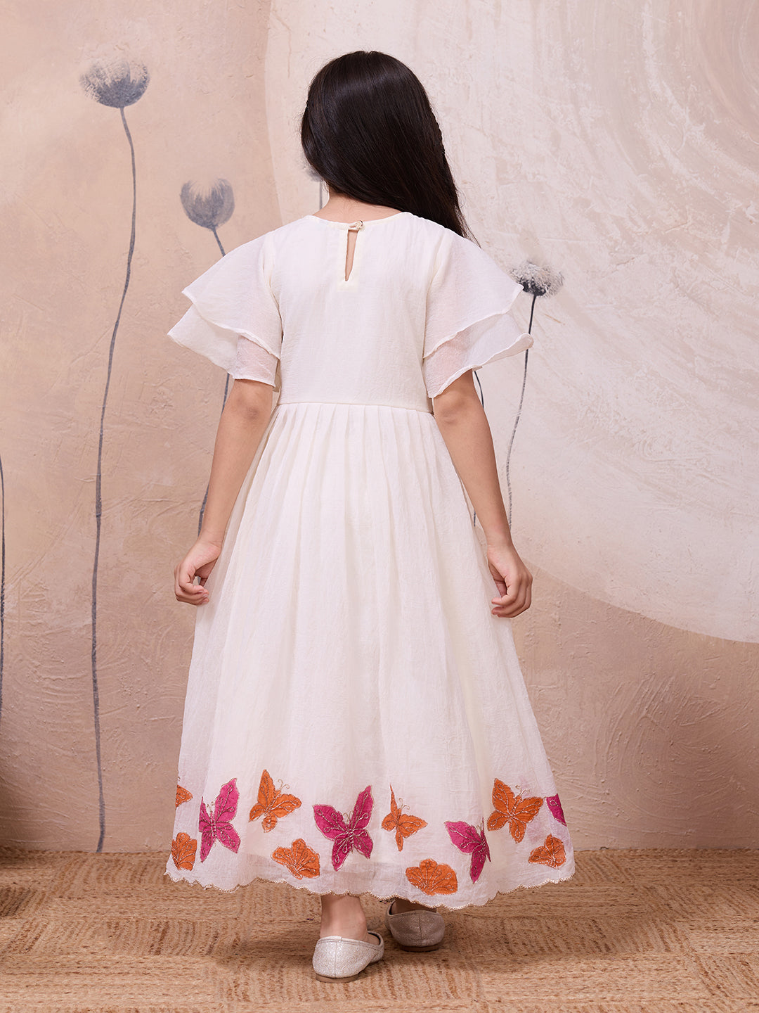 Hand-Painted Butterfly Gown with Flared Sleeves and Scalloped Hem