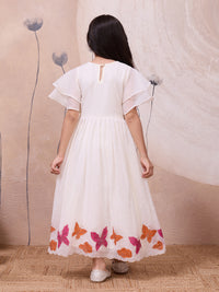 Hand-Painted Butterfly Gown with Flared Sleeves and Scalloped Hem