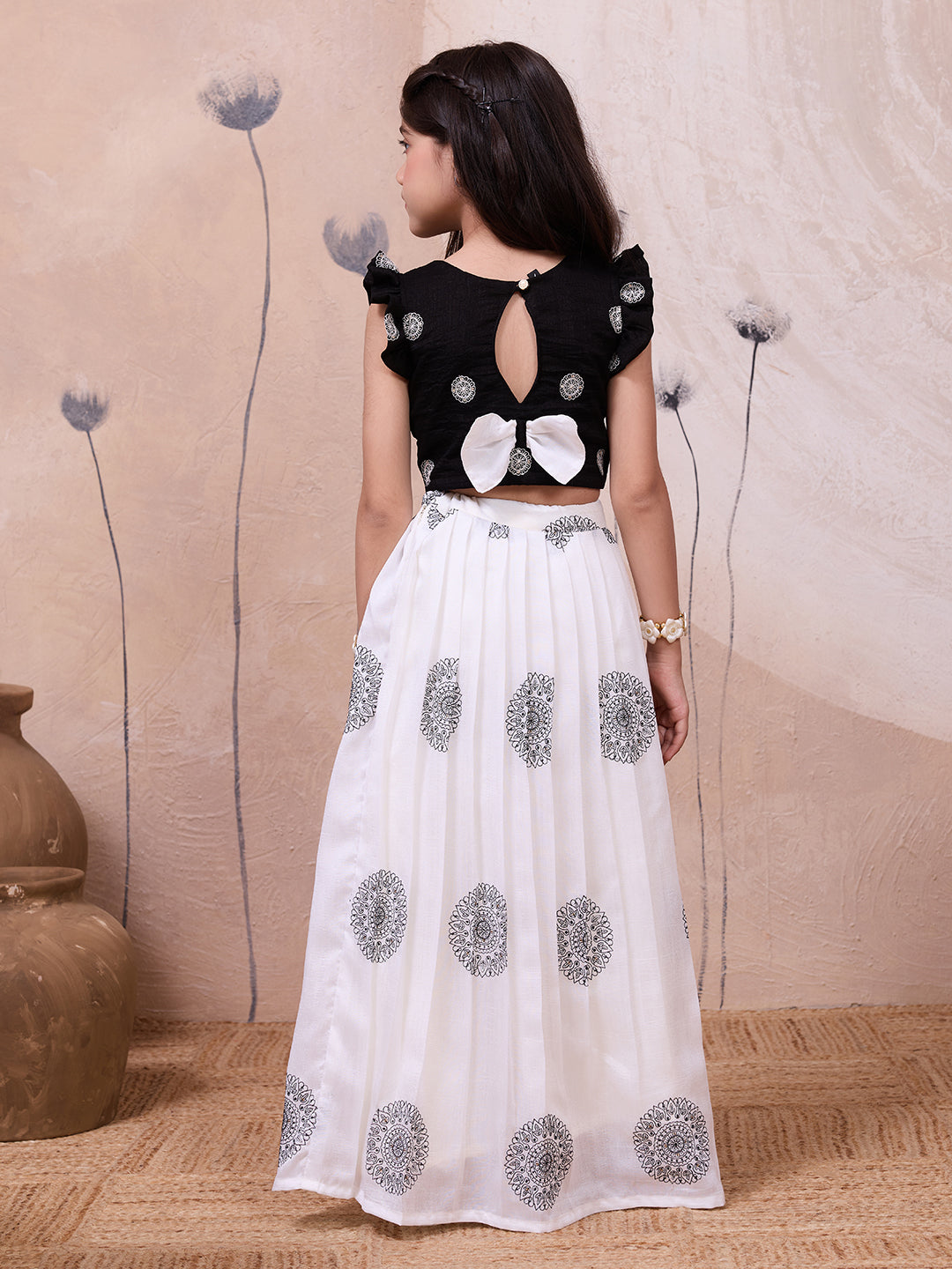 Mandala Art Skirt-Top Set in White and Black