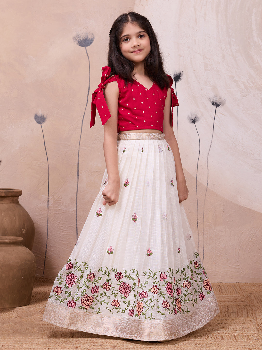 Kota Checks Skirt Set with Cross-Stitch Embroidery and Woven Panel