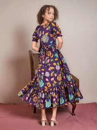 Girls Ruffled Kalamkari Dress with Puff Sleeves - Tussar Silk (DS NO KP250425)