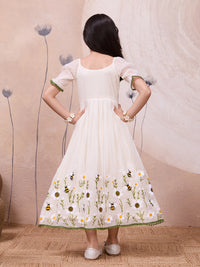 Off-White Flared Dress with Honeybee Embroidery and Puff Sleeves