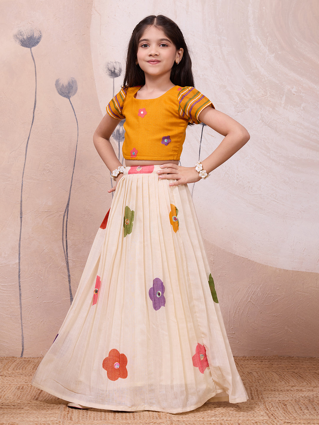 Multi-Floral Embroidered Skirt & Top Set - Girls Festive Wear