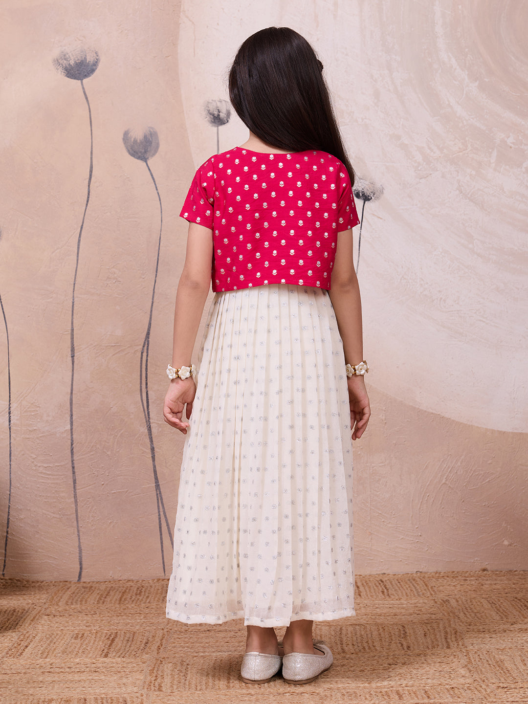 Off-White Weaving Butti Gown with Floral Jacket for Girls