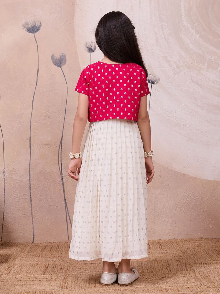 Off-White Weaving Butti Gown with Floral Jacket for Girls