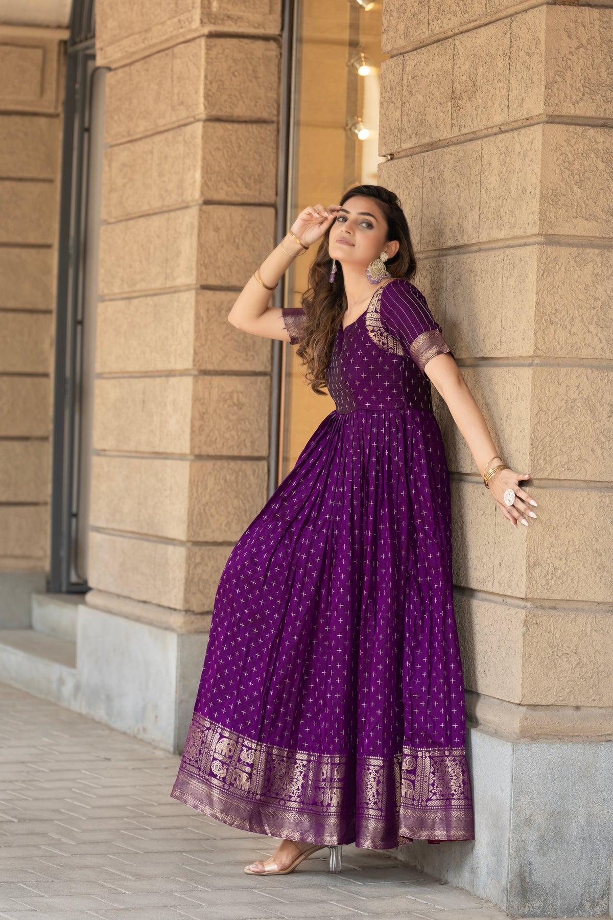 Elegant Purple Soft Silk Gown with Golden Border