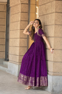 Elegant Purple Soft Silk Gown with Golden Border