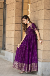Elegant Purple Soft Silk Gown with Golden Border