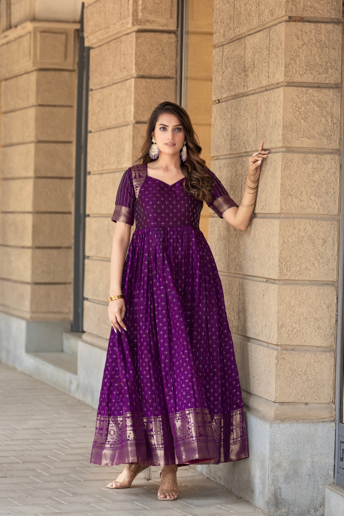 Elegant Purple Soft Silk Gown with Golden Border