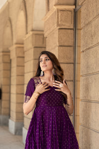 Elegant Purple Soft Silk Gown with Golden Border