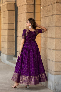 Elegant Purple Soft Silk Gown with Golden Border