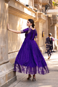 Elegant Purple Soft Silk Gown with Golden Border