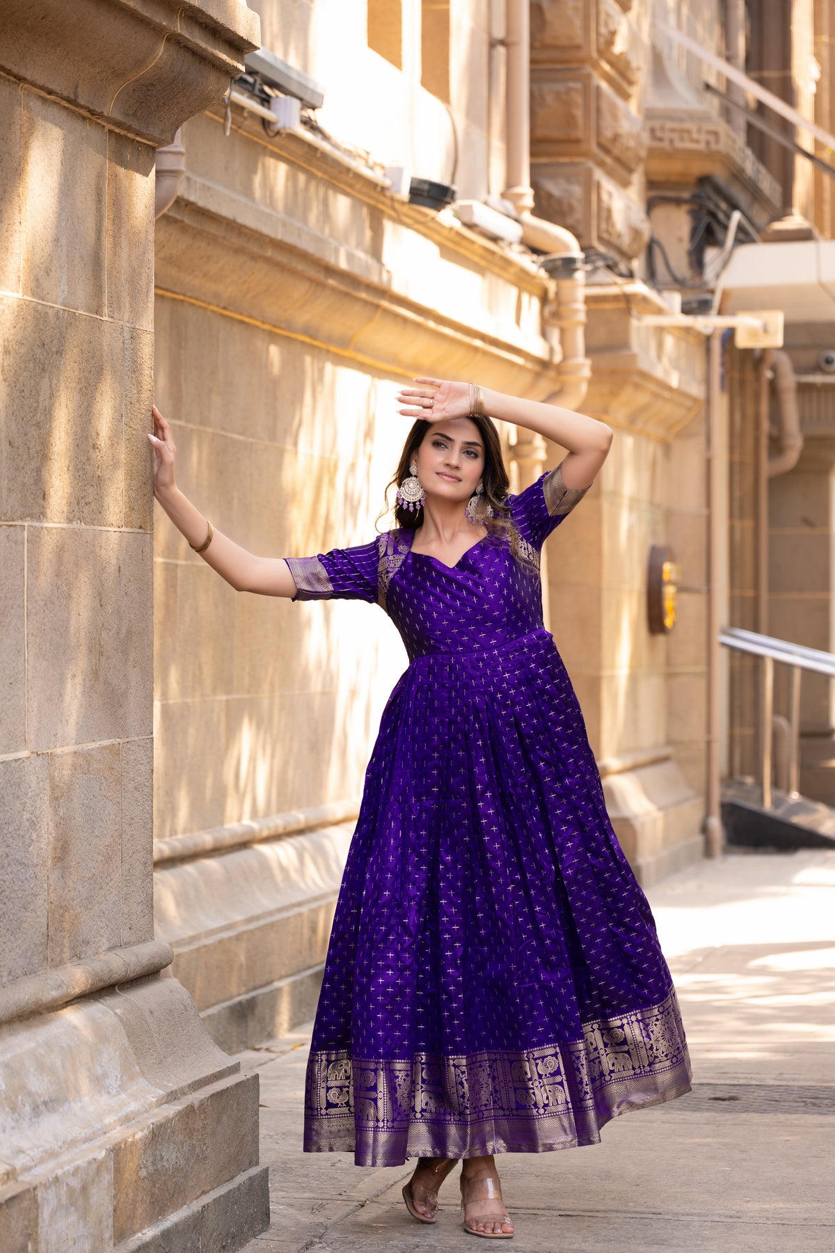 Elegant Purple Soft Silk Gown with Golden Border