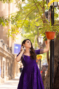 Elegant Purple Soft Silk Gown with Golden Border