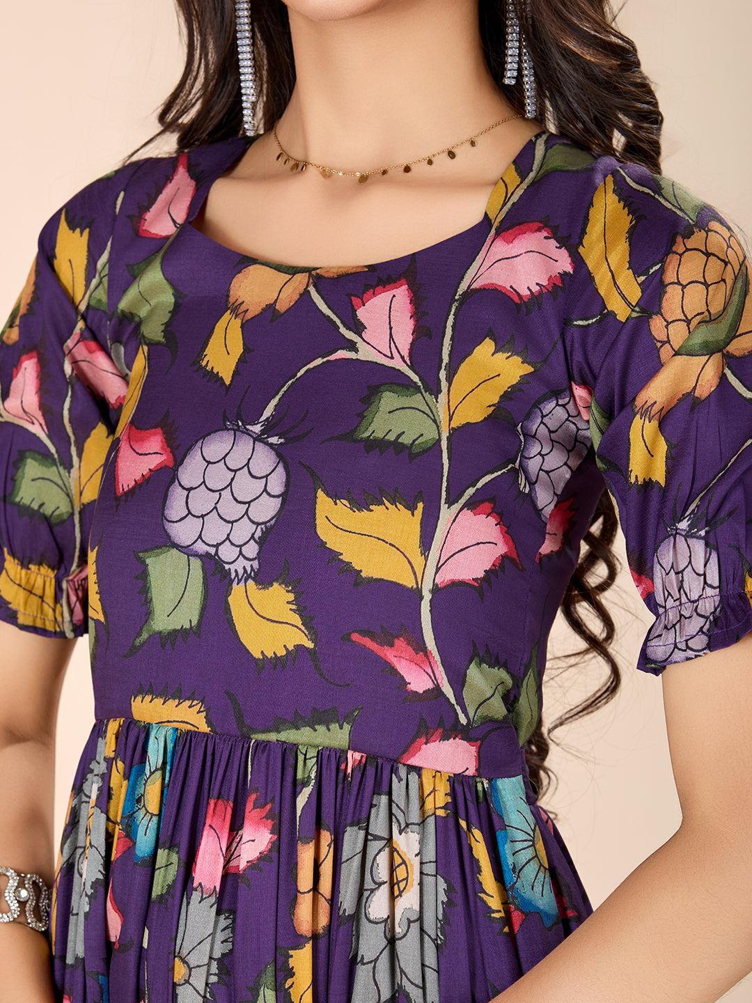 Girls Ruffled Kalamkari Dress with Puff Sleeves - Tussar Silk (DS NO KP250425)